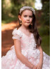 Pink 3D Flower Lace Organza Short Flower Girl Dress